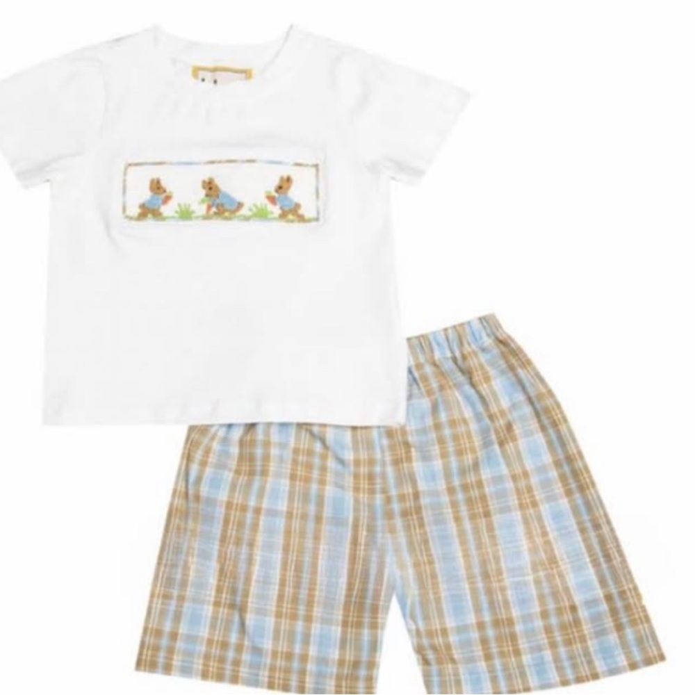 White Bunny Smocked Tee & Blue Tan Plaid Shorts Kids Matching Set